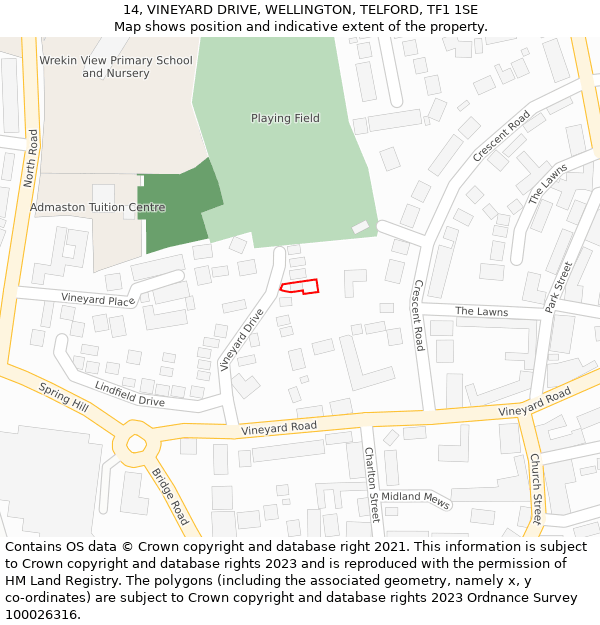 14, VINEYARD DRIVE, WELLINGTON, TELFORD, TF1 1SE: Location map and indicative extent of plot
