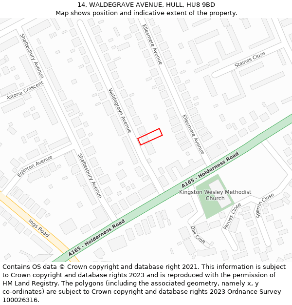 14, WALDEGRAVE AVENUE, HULL, HU8 9BD: Location map and indicative extent of plot