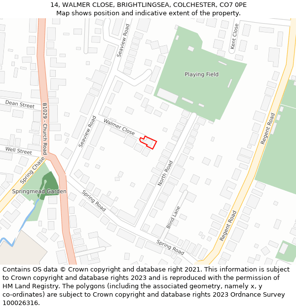 14, WALMER CLOSE, BRIGHTLINGSEA, COLCHESTER, CO7 0PE: Location map and indicative extent of plot