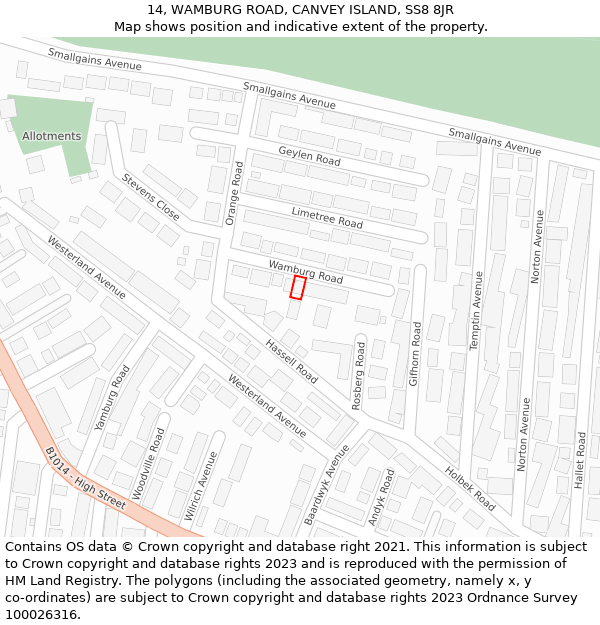 14, WAMBURG ROAD, CANVEY ISLAND, SS8 8JR: Location map and indicative extent of plot