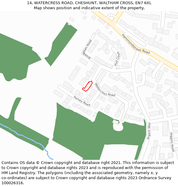 14, WATERCRESS ROAD, CHESHUNT, WALTHAM CROSS, EN7 6XL: Location map and indicative extent of plot