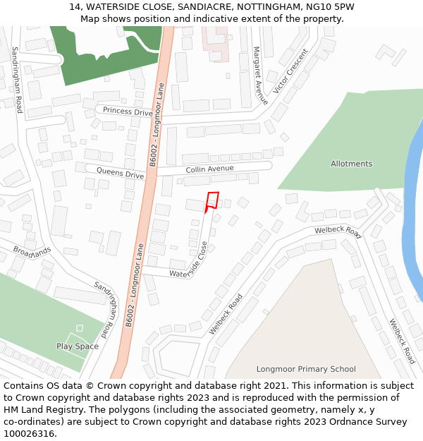 14, WATERSIDE CLOSE, SANDIACRE, NOTTINGHAM, NG10 5PW: Location map and indicative extent of plot