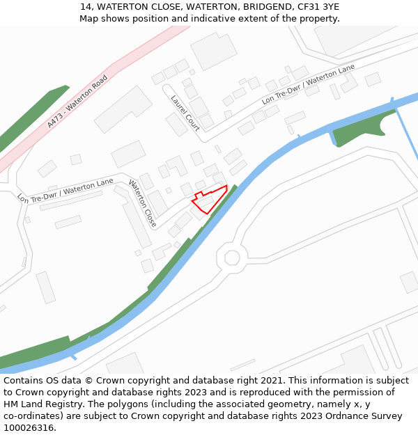 14, WATERTON CLOSE, WATERTON, BRIDGEND, CF31 3YE: Location map and indicative extent of plot