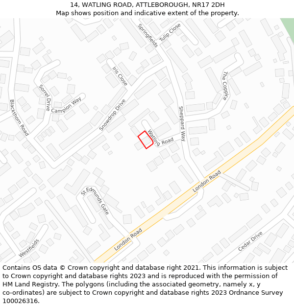 14, WATLING ROAD, ATTLEBOROUGH, NR17 2DH: Location map and indicative extent of plot