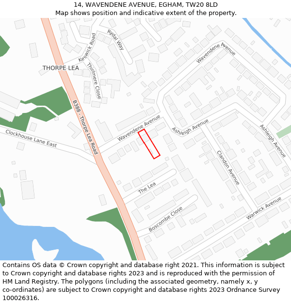14, WAVENDENE AVENUE, EGHAM, TW20 8LD: Location map and indicative extent of plot