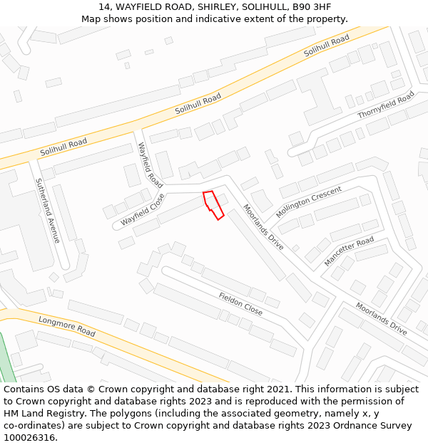 14, WAYFIELD ROAD, SHIRLEY, SOLIHULL, B90 3HF: Location map and indicative extent of plot