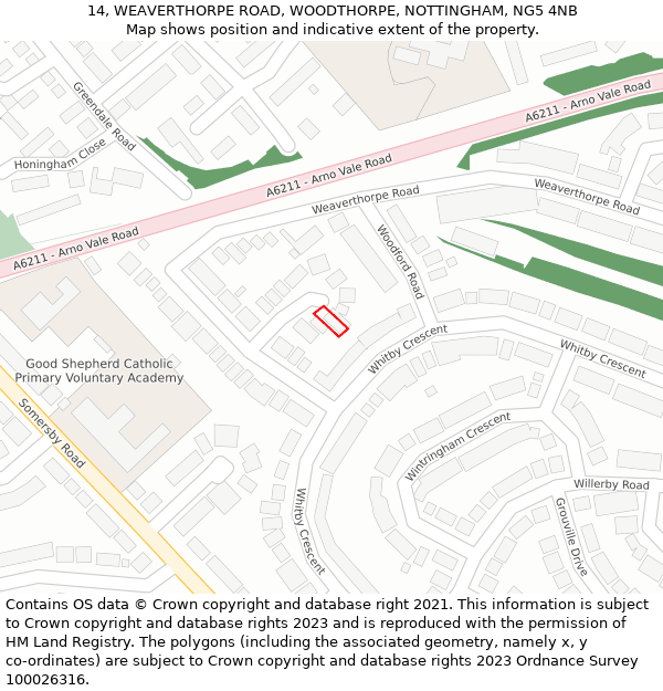 14, WEAVERTHORPE ROAD, WOODTHORPE, NOTTINGHAM, NG5 4NB: Location map and indicative extent of plot