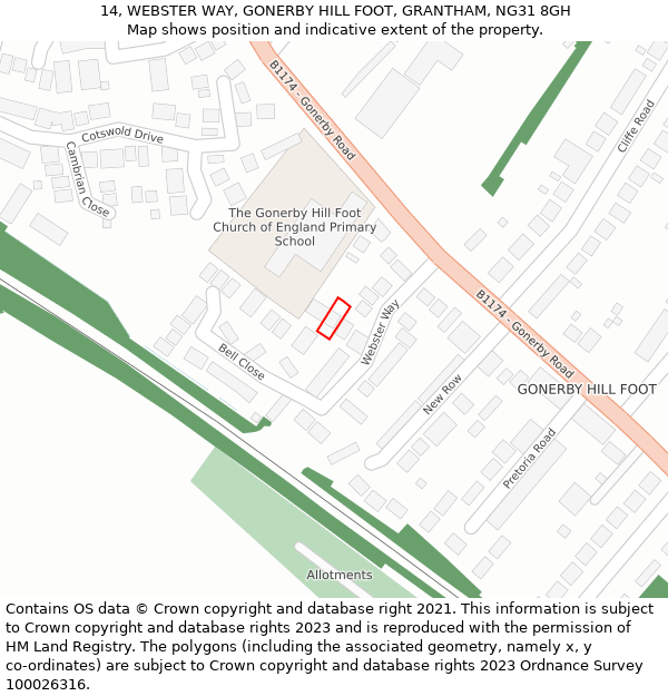 14, WEBSTER WAY, GONERBY HILL FOOT, GRANTHAM, NG31 8GH: Location map and indicative extent of plot