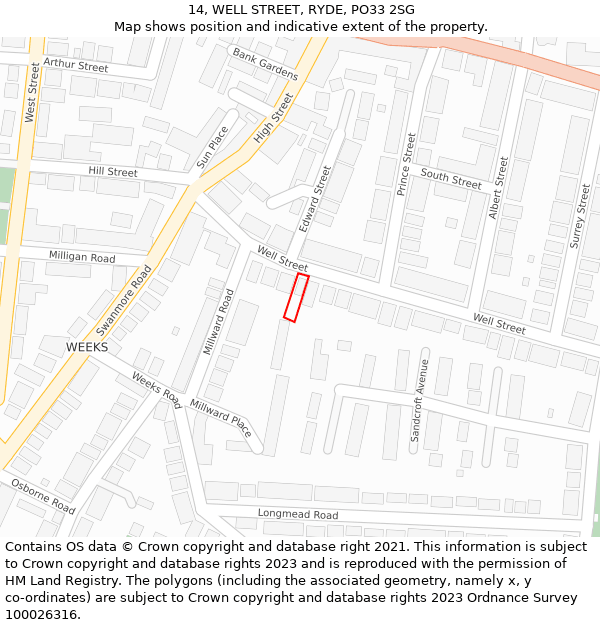 14, WELL STREET, RYDE, PO33 2SG: Location map and indicative extent of plot