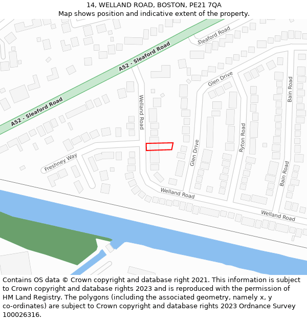 14, WELLAND ROAD, BOSTON, PE21 7QA: Location map and indicative extent of plot