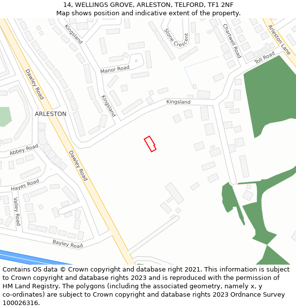 14, WELLINGS GROVE, ARLESTON, TELFORD, TF1 2NF: Location map and indicative extent of plot