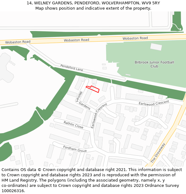 14, WELNEY GARDENS, PENDEFORD, WOLVERHAMPTON, WV9 5RY: Location map and indicative extent of plot