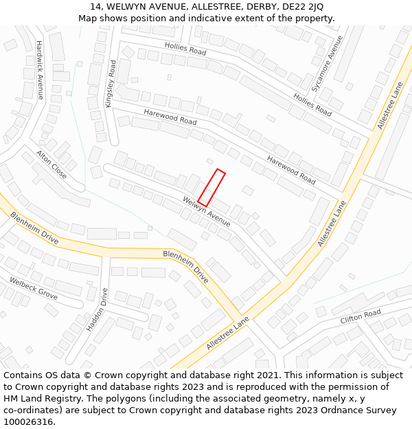 14, WELWYN AVENUE, ALLESTREE, DERBY, DE22 2JQ: Location map and indicative extent of plot