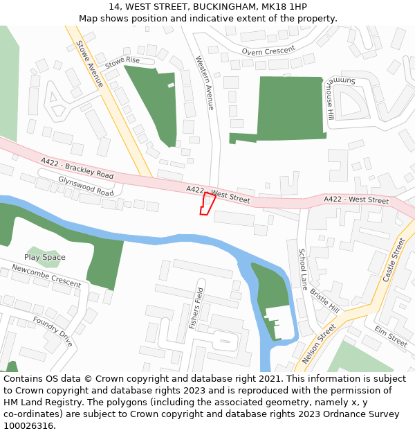 14, WEST STREET, BUCKINGHAM, MK18 1HP: Location map and indicative extent of plot