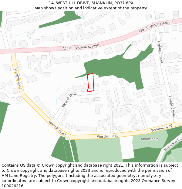 14, WESTHILL DRIVE, SHANKLIN, PO37 6PX: Location map and indicative extent of plot