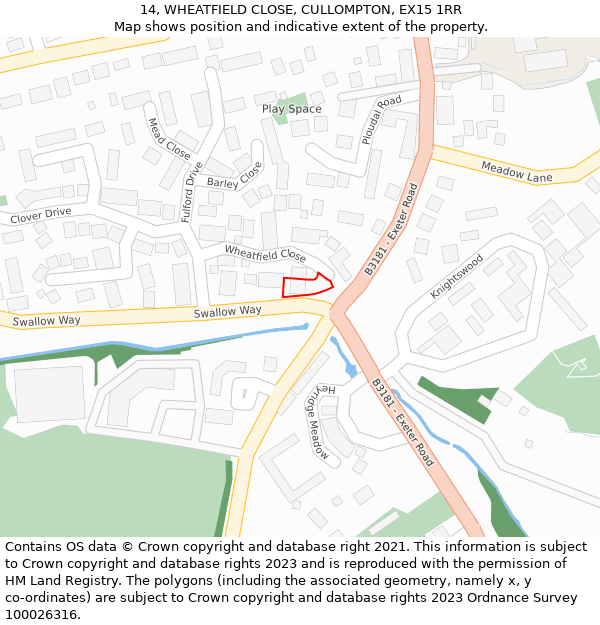 14, WHEATFIELD CLOSE, CULLOMPTON, EX15 1RR: Location map and indicative extent of plot