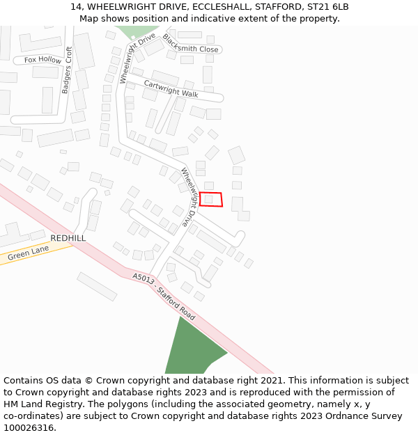 14, WHEELWRIGHT DRIVE, ECCLESHALL, STAFFORD, ST21 6LB: Location map and indicative extent of plot