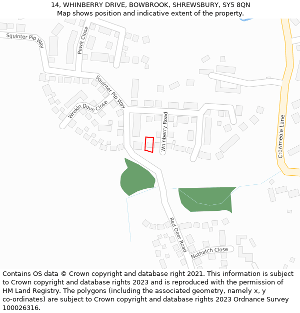 14, WHINBERRY DRIVE, BOWBROOK, SHREWSBURY, SY5 8QN: Location map and indicative extent of plot