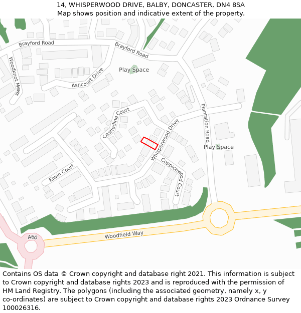 14, WHISPERWOOD DRIVE, BALBY, DONCASTER, DN4 8SA: Location map and indicative extent of plot