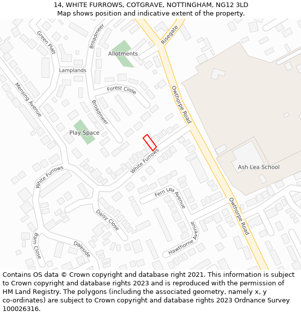 14, WHITE FURROWS, COTGRAVE, NOTTINGHAM, NG12 3LD: Location map and indicative extent of plot