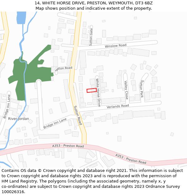 14, WHITE HORSE DRIVE, PRESTON, WEYMOUTH, DT3 6BZ: Location map and indicative extent of plot