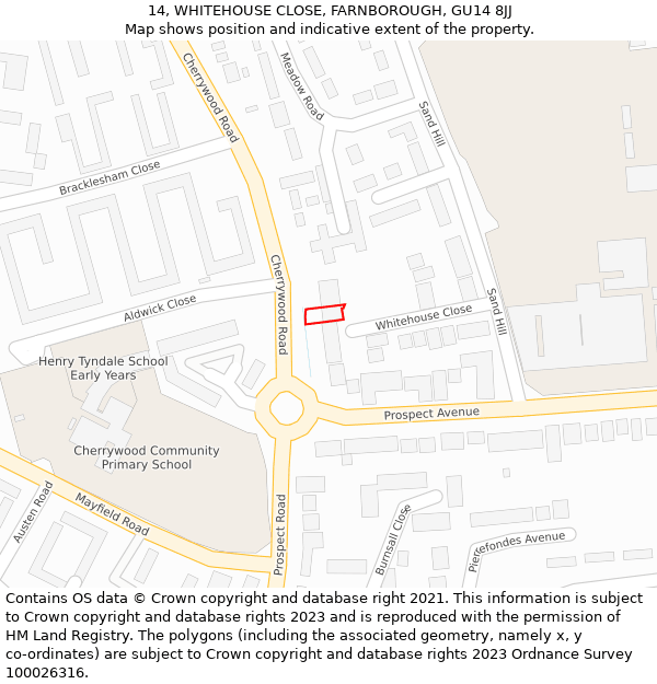 14, WHITEHOUSE CLOSE, FARNBOROUGH, GU14 8JJ: Location map and indicative extent of plot