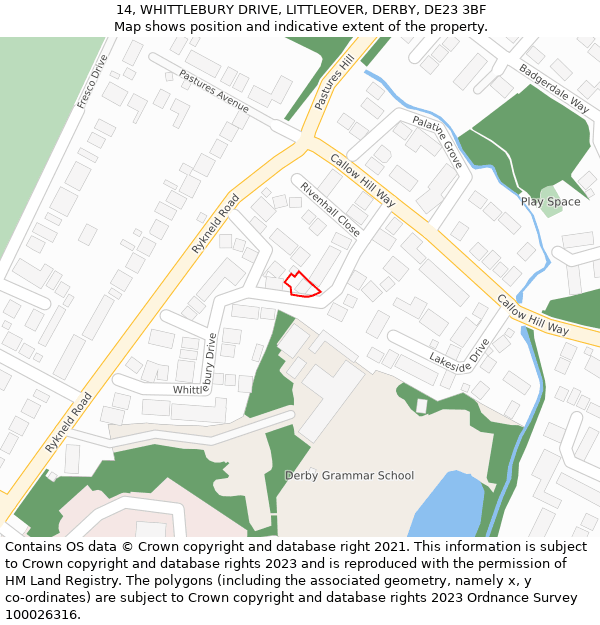 14, WHITTLEBURY DRIVE, LITTLEOVER, DERBY, DE23 3BF: Location map and indicative extent of plot