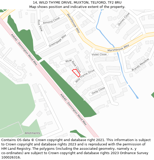 14, WILD THYME DRIVE, MUXTON, TELFORD, TF2 8RU: Location map and indicative extent of plot