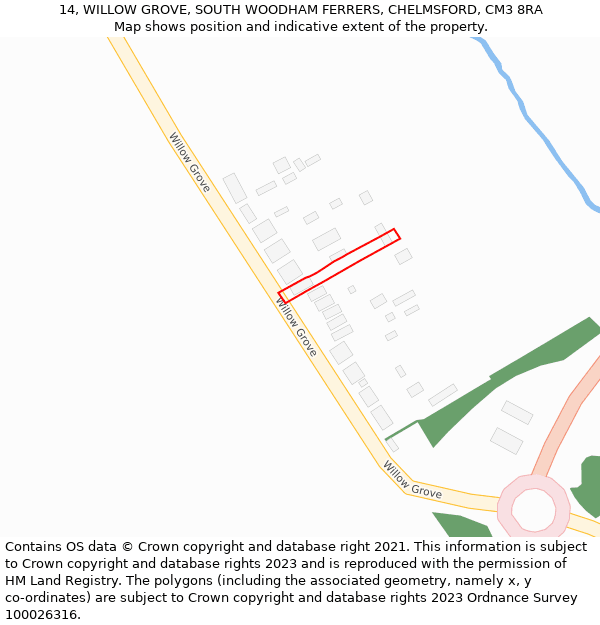 14, WILLOW GROVE, SOUTH WOODHAM FERRERS, CHELMSFORD, CM3 8RA: Location map and indicative extent of plot