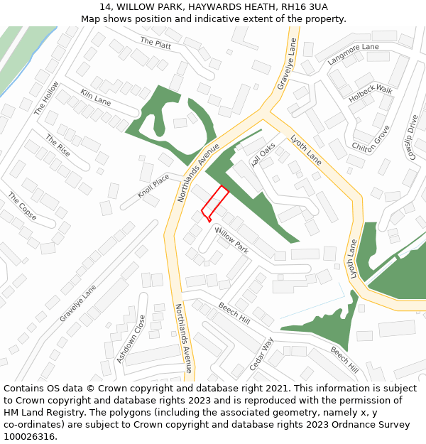 14, WILLOW PARK, HAYWARDS HEATH, RH16 3UA: Location map and indicative extent of plot