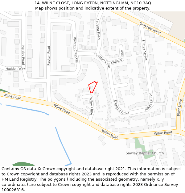 14, WILNE CLOSE, LONG EATON, NOTTINGHAM, NG10 3AQ: Location map and indicative extent of plot