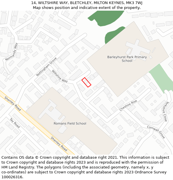 14, WILTSHIRE WAY, BLETCHLEY, MILTON KEYNES, MK3 7WJ: Location map and indicative extent of plot