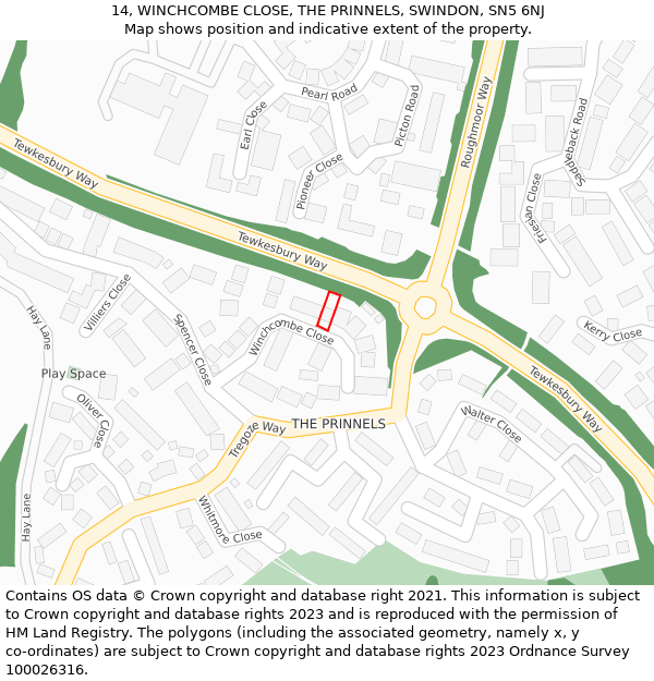 14, WINCHCOMBE CLOSE, THE PRINNELS, SWINDON, SN5 6NJ: Location map and indicative extent of plot