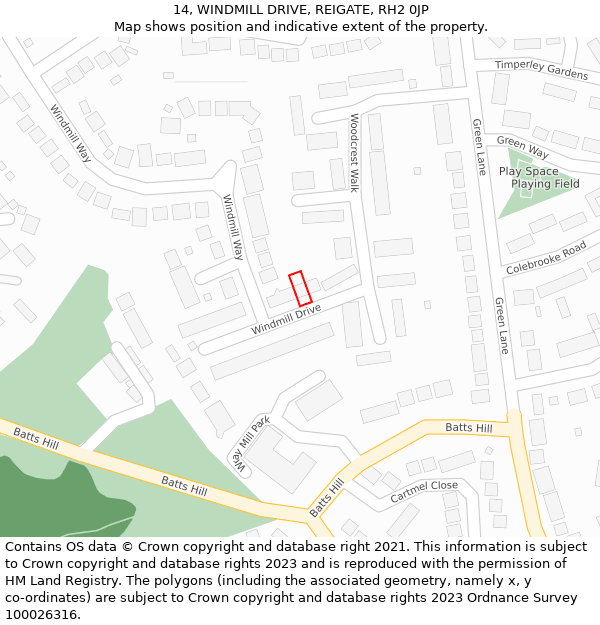 14, WINDMILL DRIVE, REIGATE, RH2 0JP: Location map and indicative extent of plot
