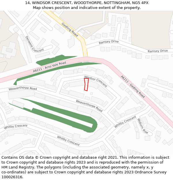 14, WINDSOR CRESCENT, WOODTHORPE, NOTTINGHAM, NG5 4PX: Location map and indicative extent of plot