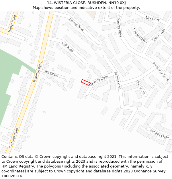 14, WISTERIA CLOSE, RUSHDEN, NN10 0XJ: Location map and indicative extent of plot