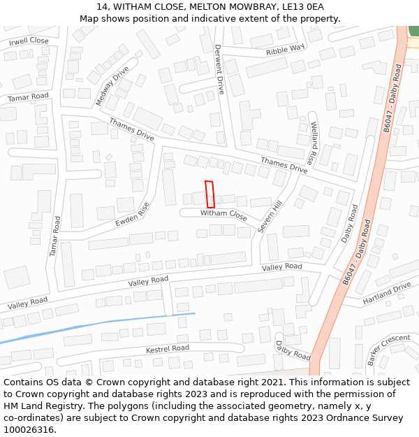 14, WITHAM CLOSE, MELTON MOWBRAY, LE13 0EA: Location map and indicative extent of plot