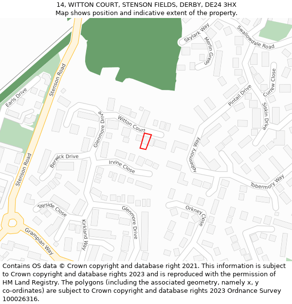 14, WITTON COURT, STENSON FIELDS, DERBY, DE24 3HX: Location map and indicative extent of plot