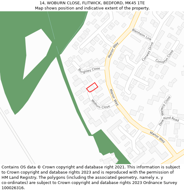 14, WOBURN CLOSE, FLITWICK, BEDFORD, MK45 1TE: Location map and indicative extent of plot