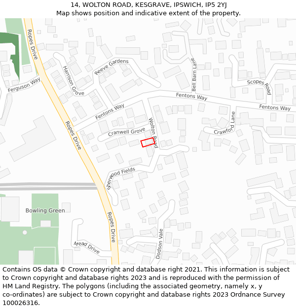 14, WOLTON ROAD, KESGRAVE, IPSWICH, IP5 2YJ: Location map and indicative extent of plot