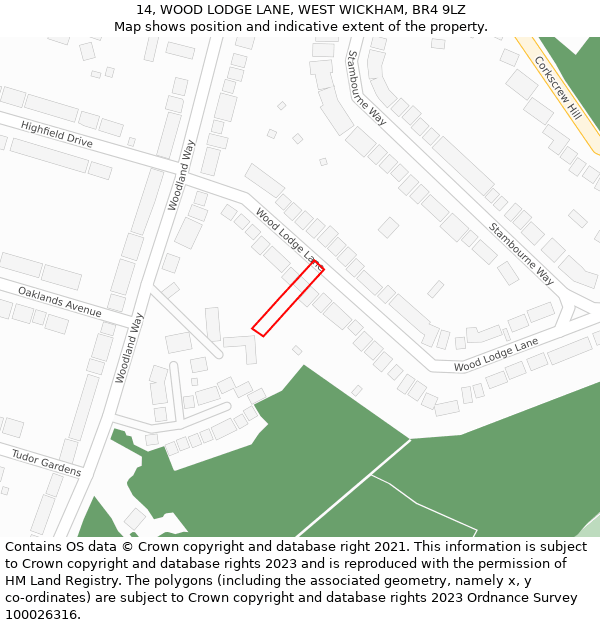 14, WOOD LODGE LANE, WEST WICKHAM, BR4 9LZ: Location map and indicative extent of plot
