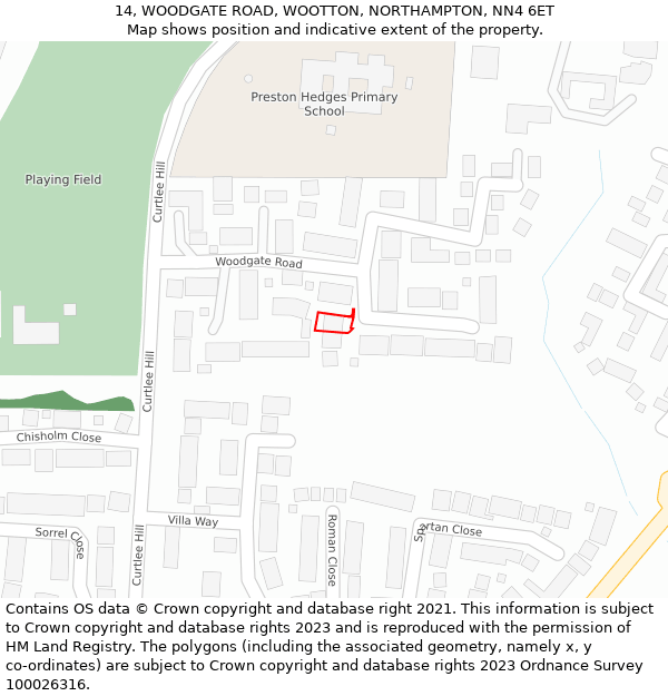 14, WOODGATE ROAD, WOOTTON, NORTHAMPTON, NN4 6ET: Location map and indicative extent of plot