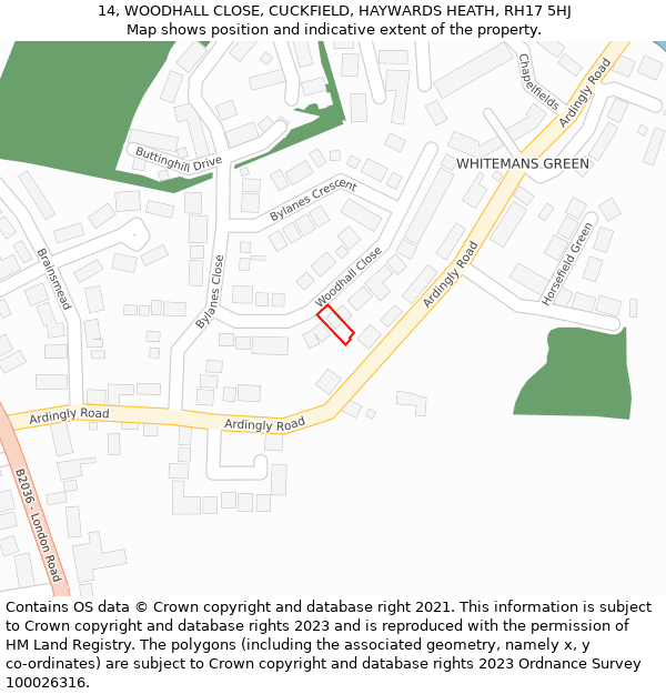 14, WOODHALL CLOSE, CUCKFIELD, HAYWARDS HEATH, RH17 5HJ: Location map and indicative extent of plot