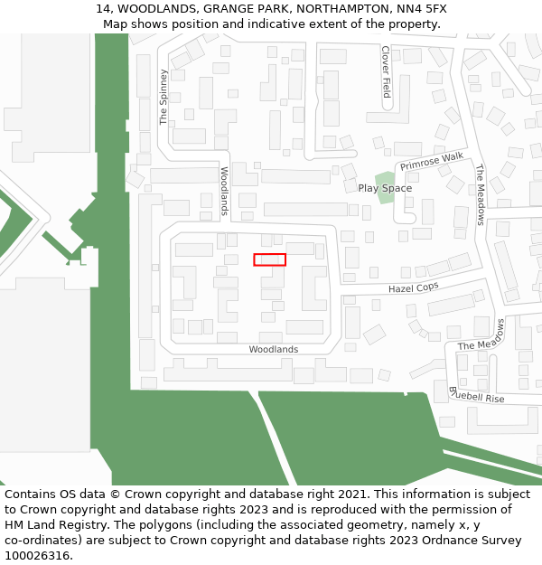14, WOODLANDS, GRANGE PARK, NORTHAMPTON, NN4 5FX: Location map and indicative extent of plot