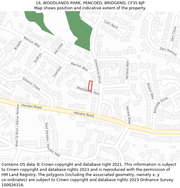 14, WOODLANDS PARK, PENCOED, BRIDGEND, CF35 6JP: Location map and indicative extent of plot