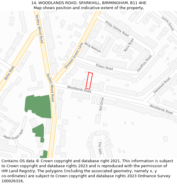 14, WOODLANDS ROAD, SPARKHILL, BIRMINGHAM, B11 4HE: Location map and indicative extent of plot