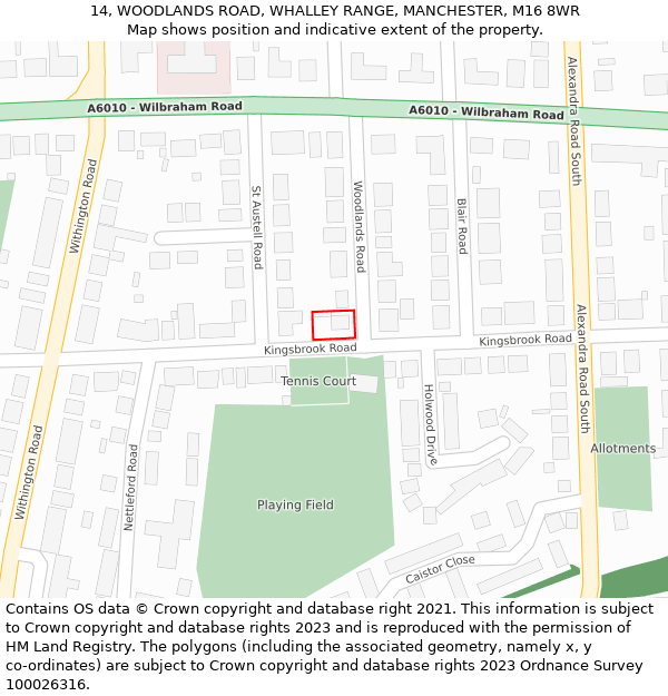 14, WOODLANDS ROAD, WHALLEY RANGE, MANCHESTER, M16 8WR: Location map and indicative extent of plot