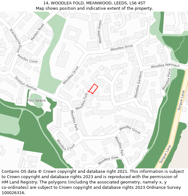 14, WOODLEA FOLD, MEANWOOD, LEEDS, LS6 4ST: Location map and indicative extent of plot