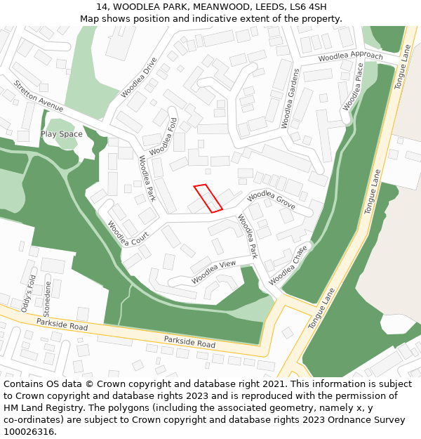 14, WOODLEA PARK, MEANWOOD, LEEDS, LS6 4SH: Location map and indicative extent of plot