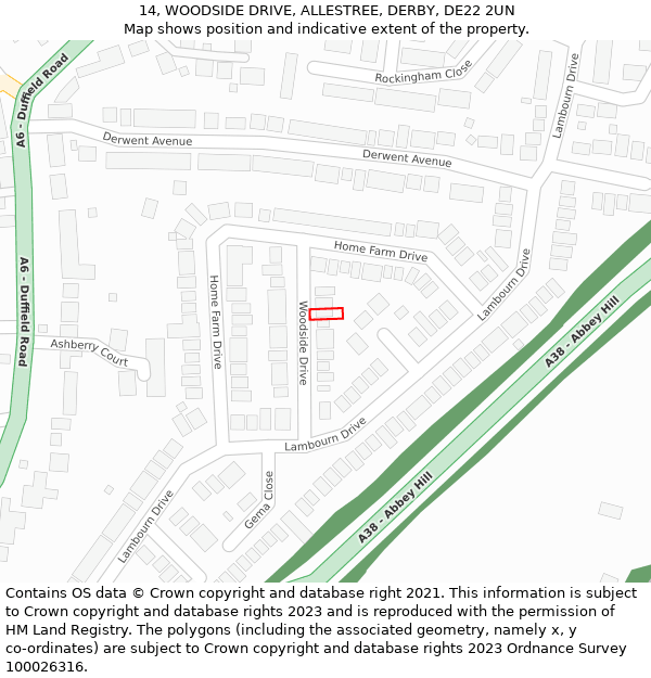 14, WOODSIDE DRIVE, ALLESTREE, DERBY, DE22 2UN: Location map and indicative extent of plot